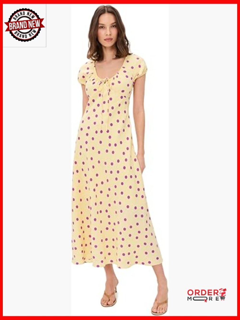 Polka Dot Maxi Dress with Puff Sleeves - Scoop Neck A-Line